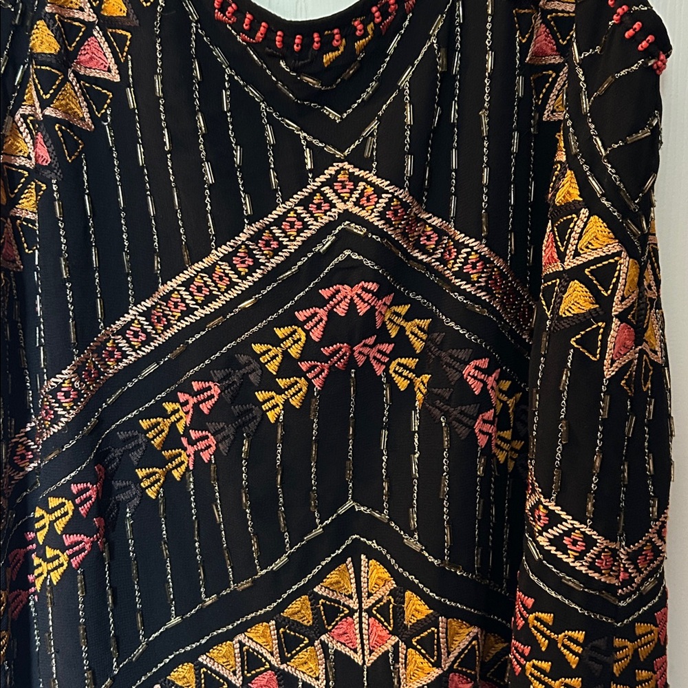 Free People Size XS Boho Embroidered Black Tank Dress with Geometric Accents - Picture 3 of 6